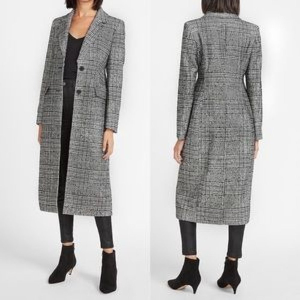COPY - Express Women's Black & White Plaid Wool Blend Long Car Coat - XS